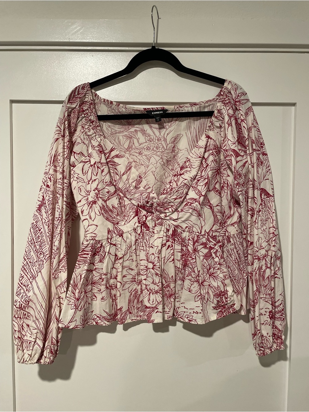 Express Women's White and Burgundy Floral Long-Sleeve Peplum Top